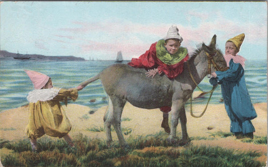 Children Postcard - Three Clown Children Playing with a Donkey  XT561