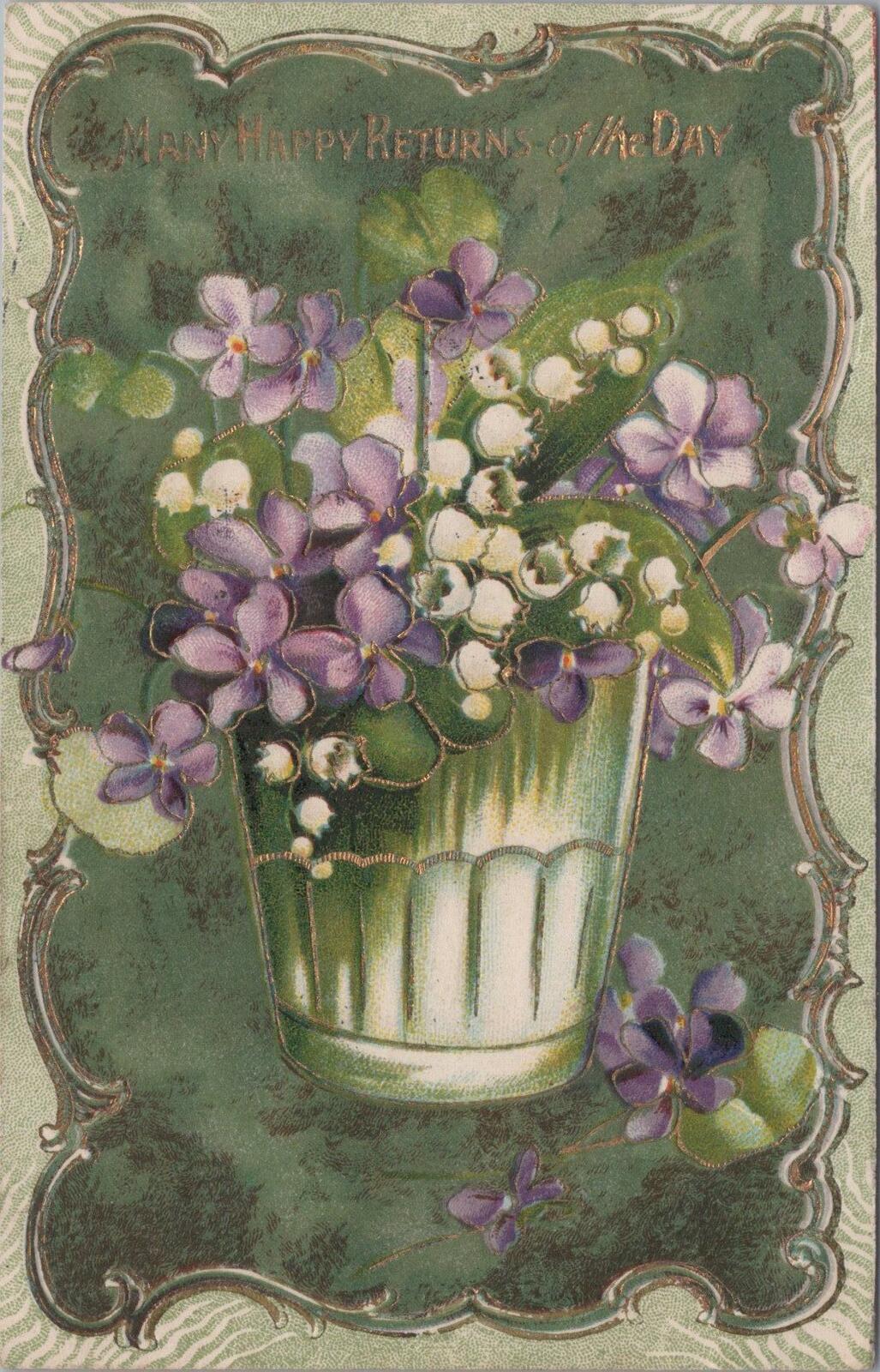Embossed Greetings Postcard: Violets Lily Of Valley Many Happy Birthday XT3154