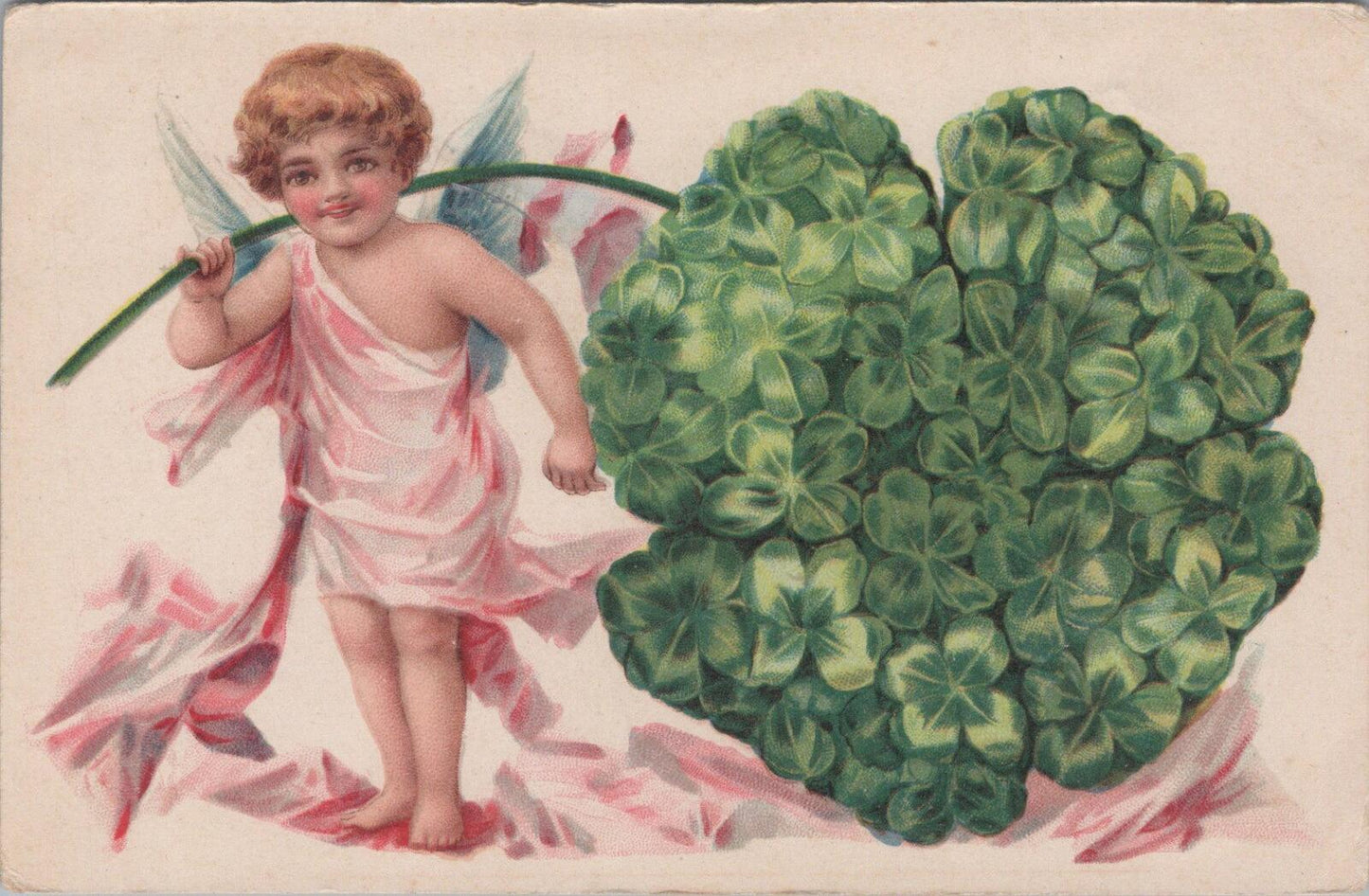 Greetings Postcard: Valentine Cupid Cherub Giant Four Leaf Clover Heart  XT3156