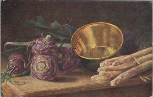 Germany Postcard: Stillleben Kohlrabi Spargel Brass Bowl Art 1920s XT3163