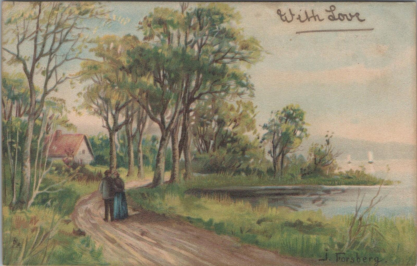 Art Postcard: Forest Scenes River Cottage Couple Artist J. Forsberg XT3165