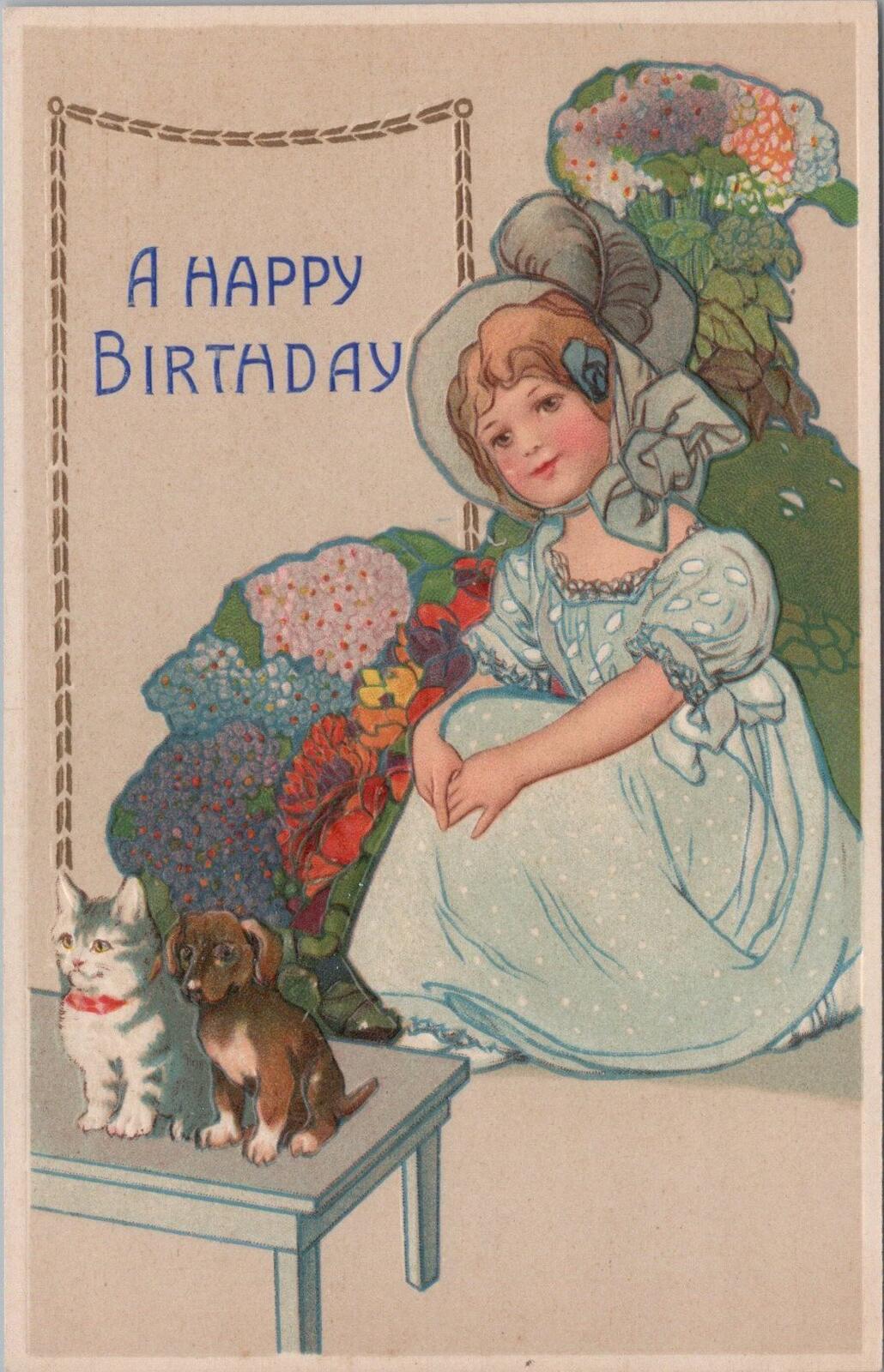 Greetings Postcard: A Happy Birthday Girl Dress Bonnet Kitten Puppy XT3169