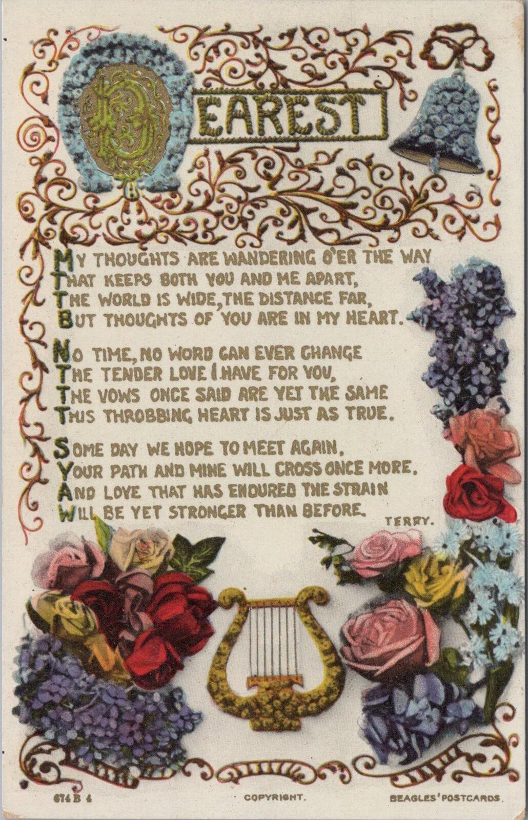 Greetings Postcard: Dearest My Thoughts Wandering Poetry Floral 1910s XT3169