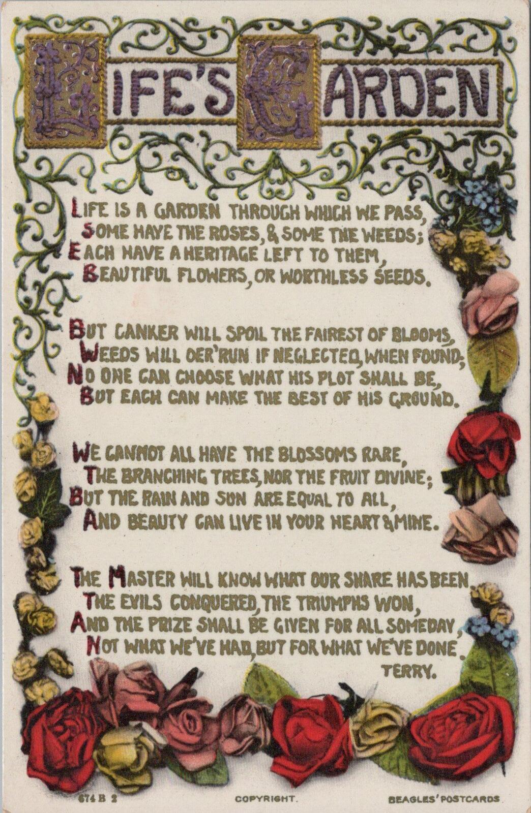 Greetings Postcard: Life's Garden Poetry Terry Floral 1910s XT3170