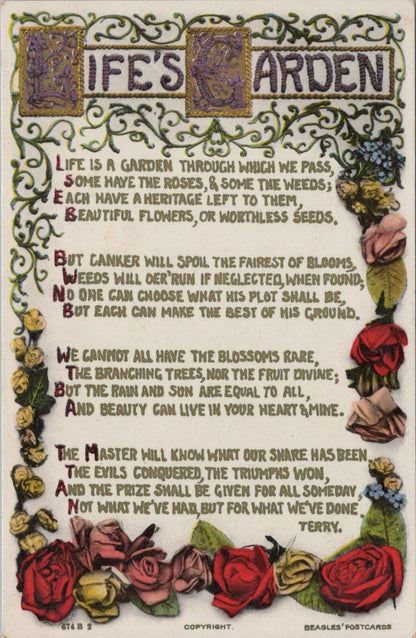 Greetings Postcard: Life's Garden Poetry Terry Floral 1910s XT3170