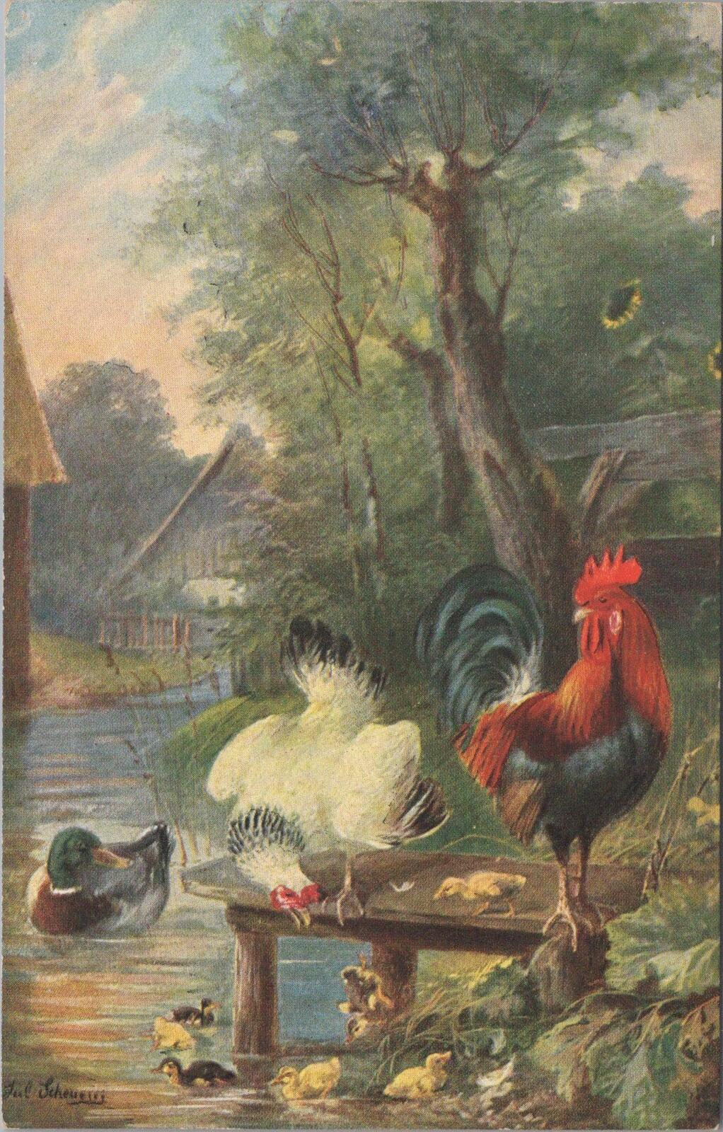 Animals Postcard: Farmyard Rooster Chickens Ducks Artist Julius Scheurer XT3176