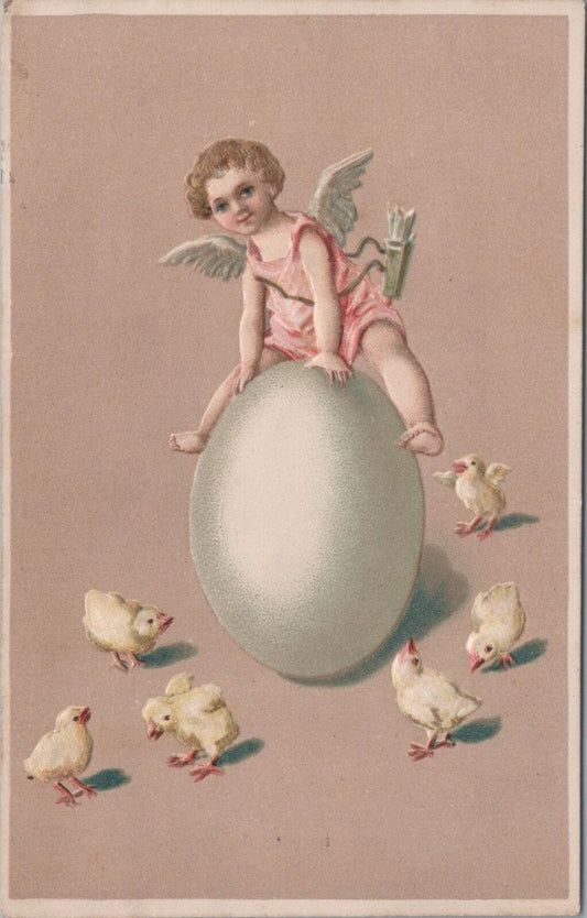 Greetings Postcard: Easter Cupid On Large Egg Yellow Chicks Fantasy Art  XT3182