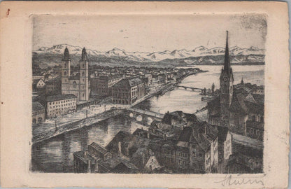 Switzerland Postcard: Zurich City Panoramic Alps View Art Etching Sturm XT3184