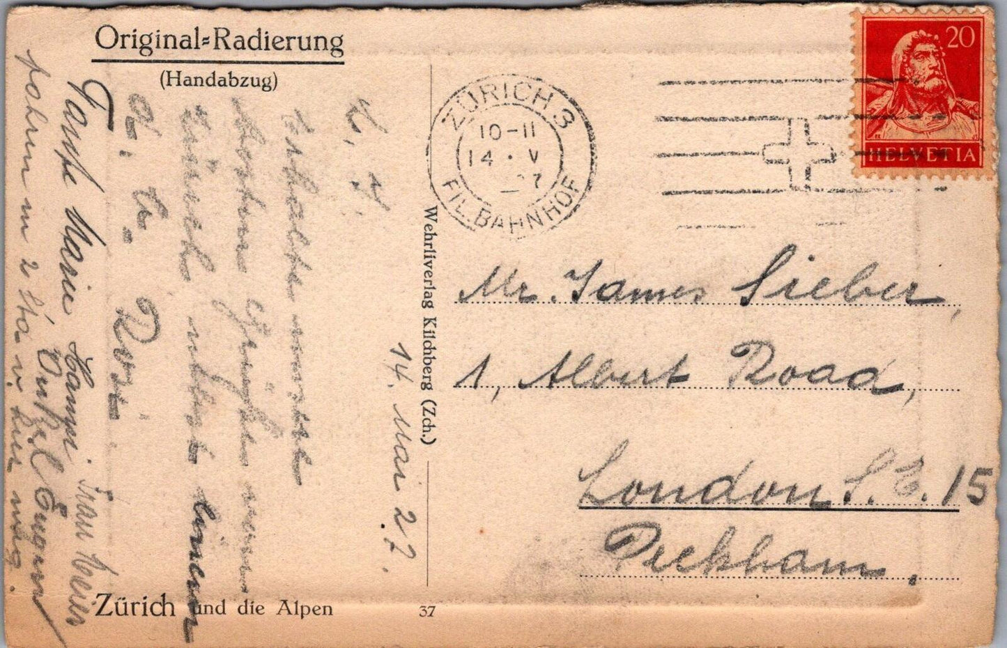 Switzerland Postcard: Zurich City Panoramic Alps View Art Etching Sturm XT3184