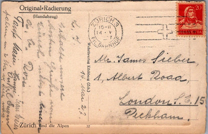 Switzerland Postcard: Zurich City Panoramic Alps View Art Etching Sturm XT3184