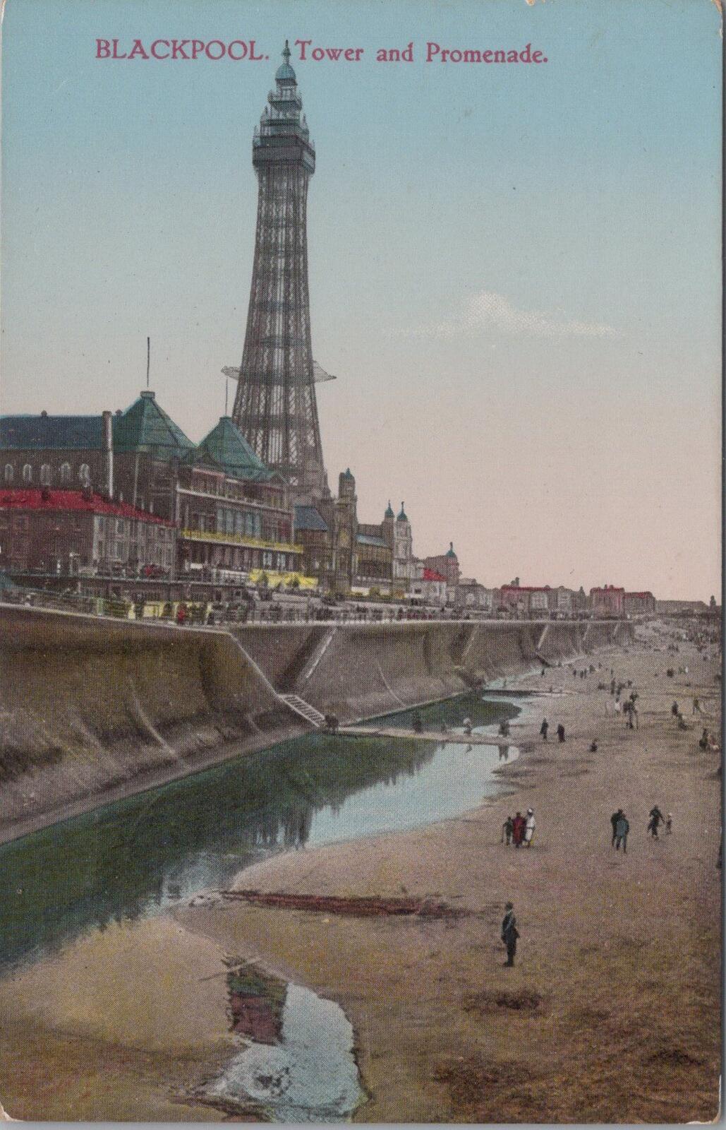 Lancashire Postcard: Blackpool Tower and Promenade Beach Sea Wall  XT3190
