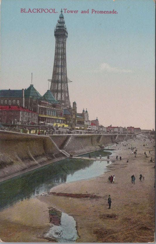 Lancashire Postcard: Blackpool Tower and Promenade Beach Sea Wall  XT3190