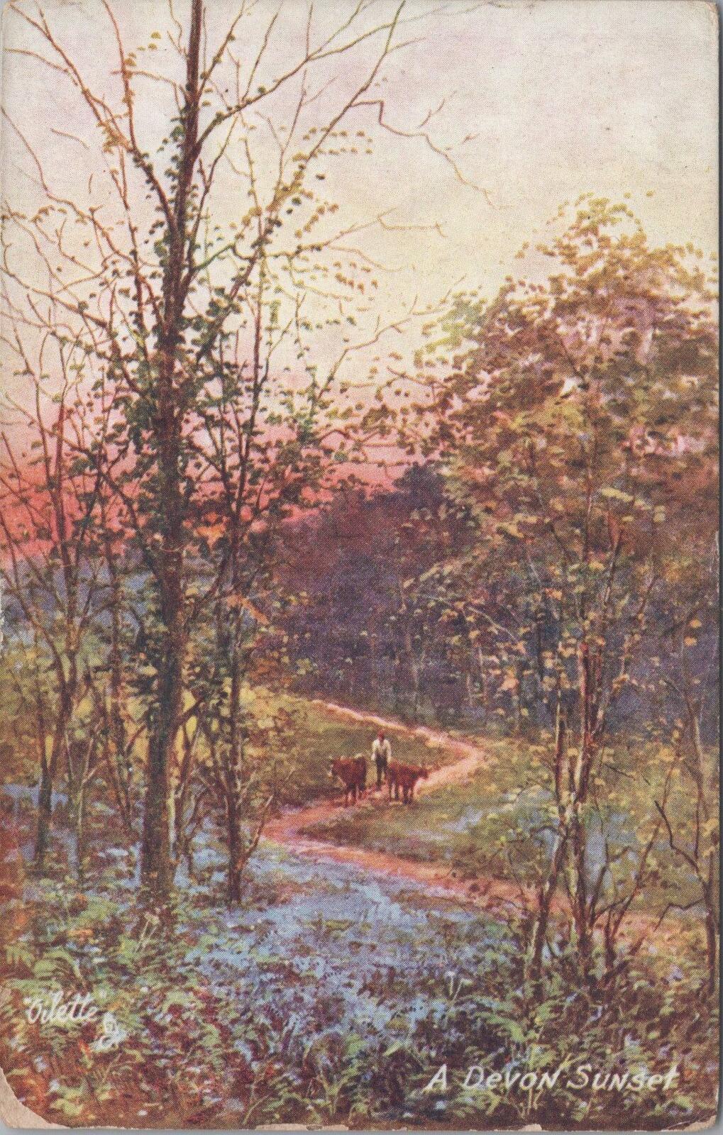 Devon Postcard: Devon Sunset Bluebell Wood Path GH Jenkins Oilette 1910s XT3192
