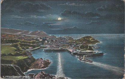 Devon Postcard: Ilfracombe Pier Harbour Moonlight Paddle Steamer 1905 XT3193