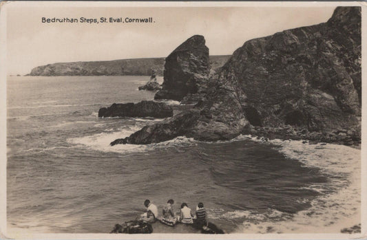 Cornwall Postcard: Bedruthan Steps St Eval Coastal Sea Stacks RPPC XT3196
