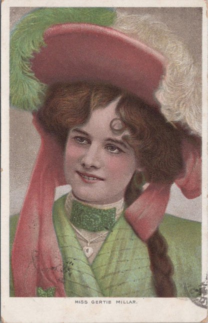Miss Gertie Millar Edwardian Actress Pink Feather Hat Postcard 1907 - XT3303