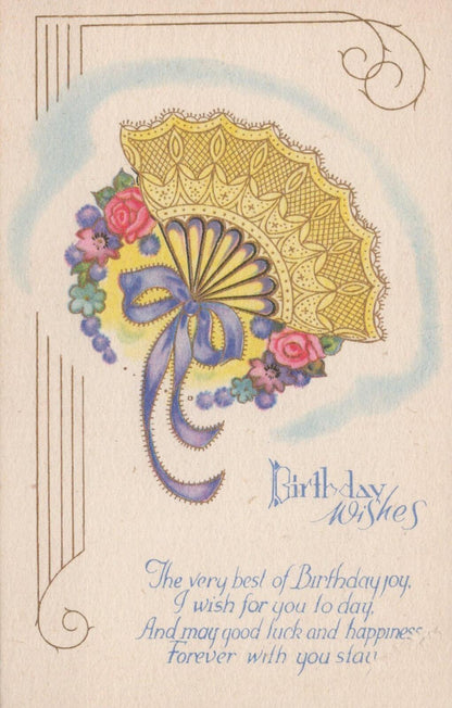 Yellow Lace Fan Postcard: Purple Ribbon Verse Flowers Birthday Wishes XT3308