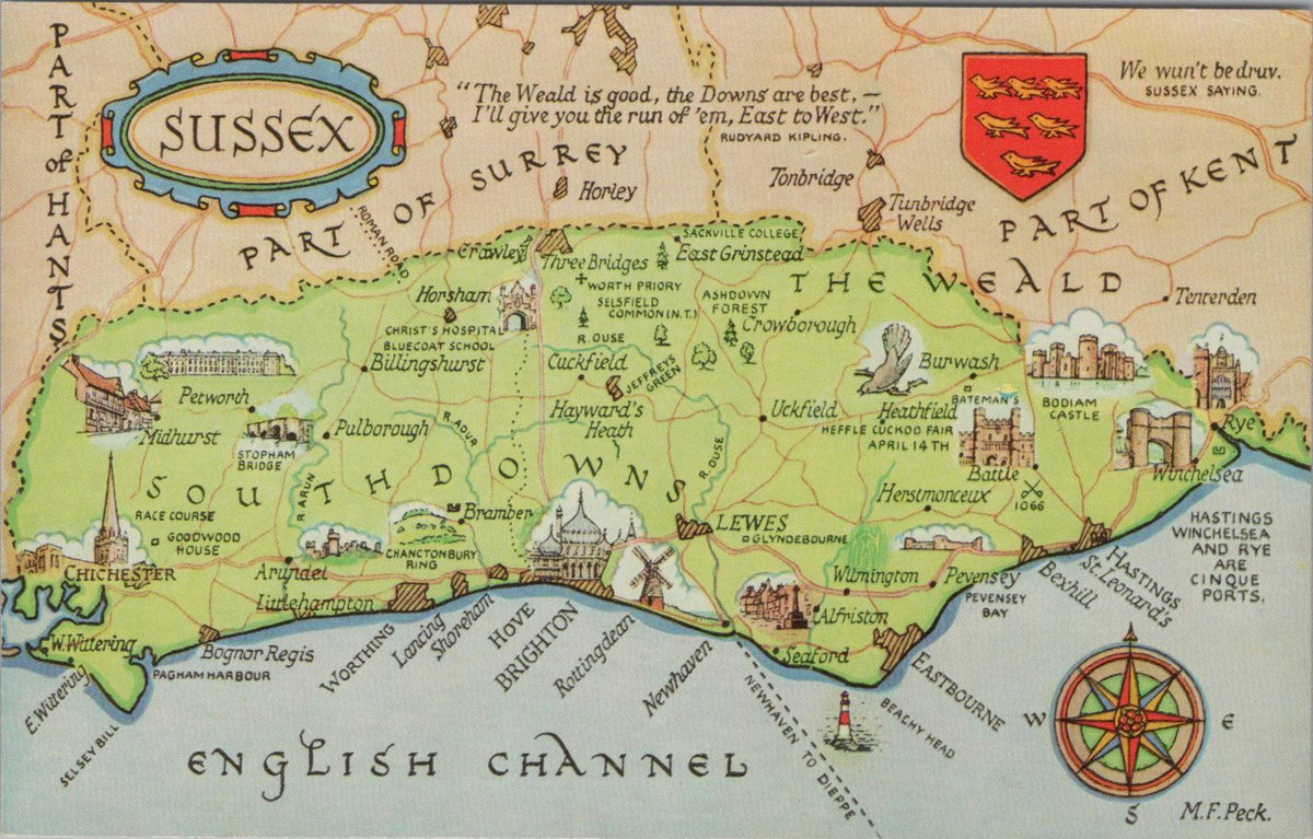 Maps Postcard: Map Showing The Southdowns and Sussex   XT1069