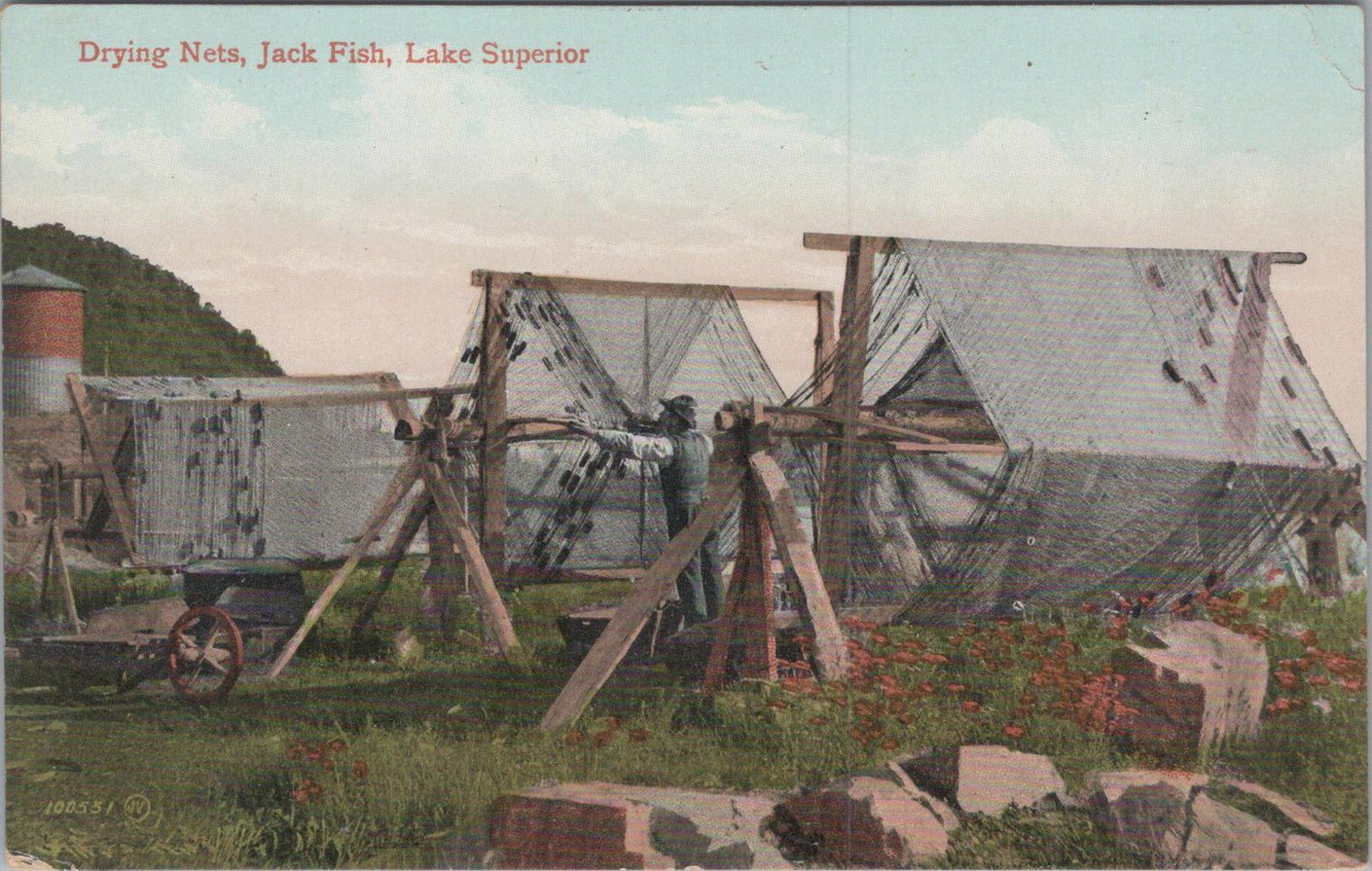 Canada Postcard: Ontario, Drying Nets Jack Fish Lake Superior Early 1900s XT1529