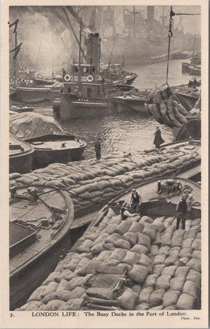 London Postcard: Port of London Busy Docks Barges Tugboat Stevedores  XT2951