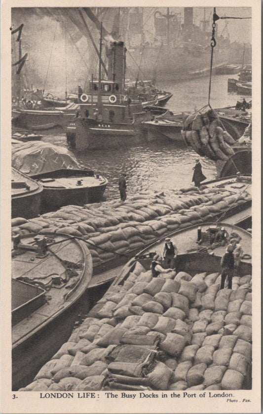 London Postcard: Port of London Busy Docks Barges Tugboat Stevedores  XT2951