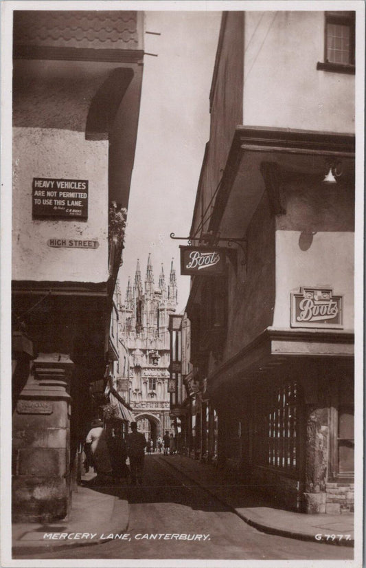Kent Postcard: Canterbury Mercery Lane Cathedral Boots Sign RPPC XT2958