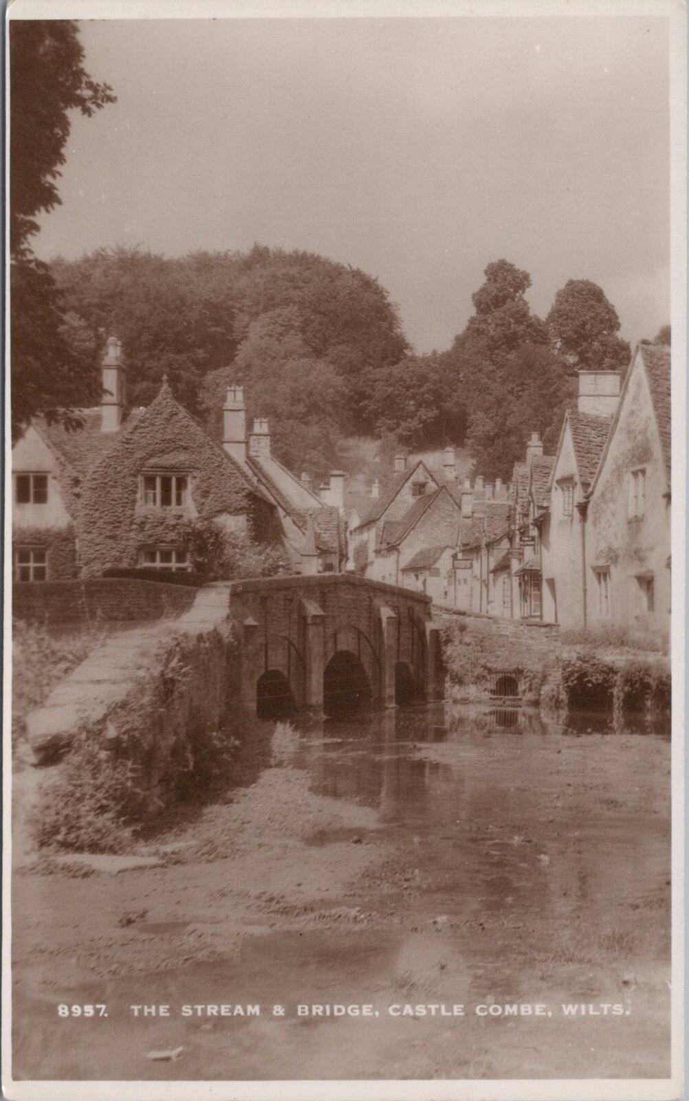 Wiltshire Postcard: Castle Combe Stream Bridge 1920s Real Photo RPPC XT2964
