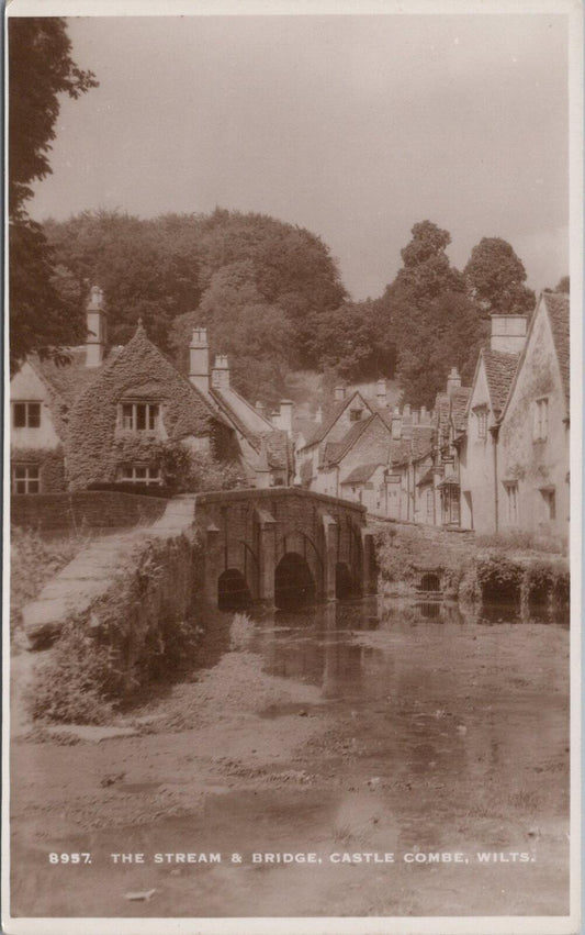Wiltshire Postcard: Castle Combe Stream Bridge 1920s Real Photo RPPC XT2964