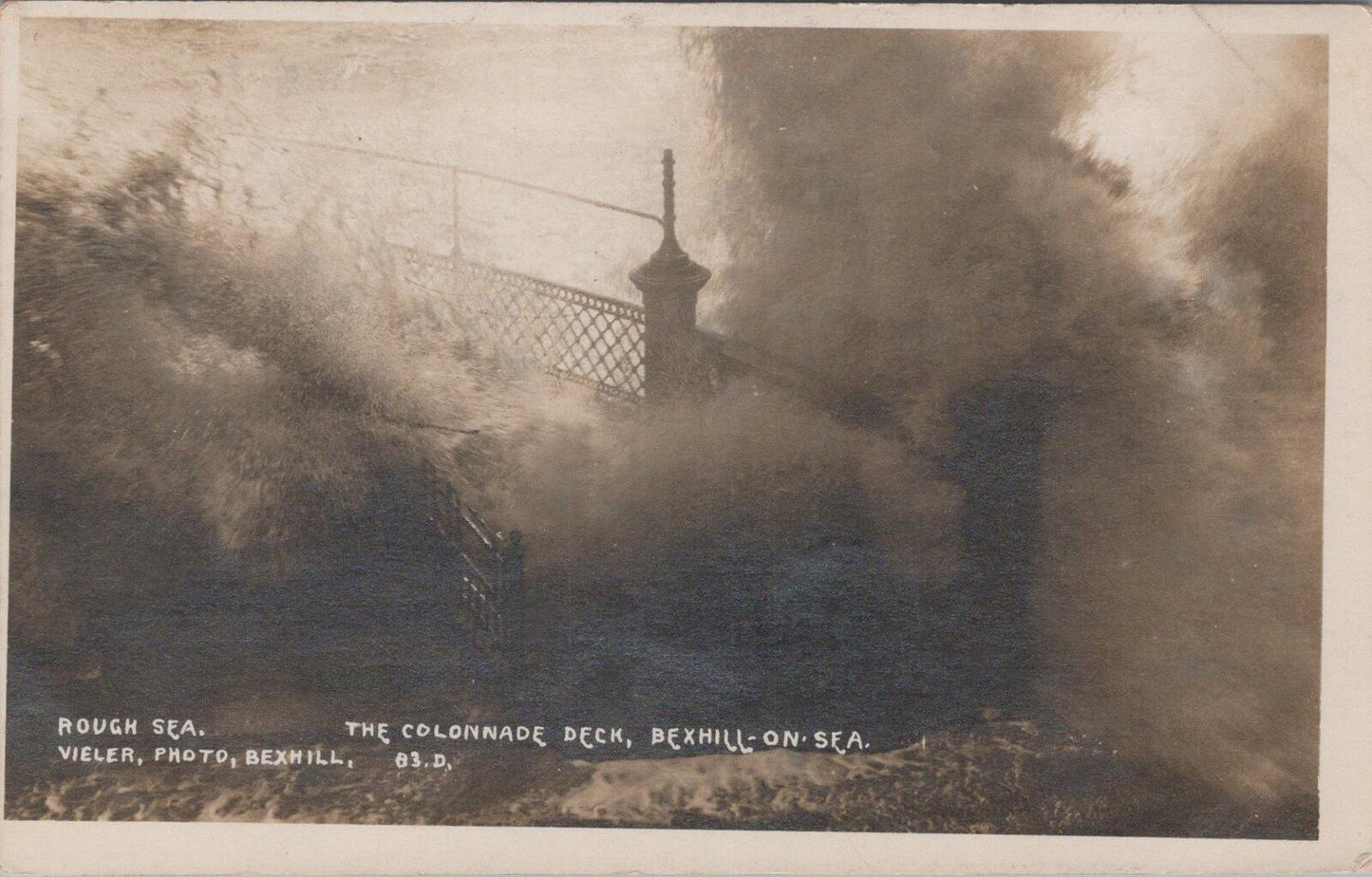 Sussex Postcard: Bexhill on Sea Colonnade Deck Rough Sea Vieler RPPC XT2982