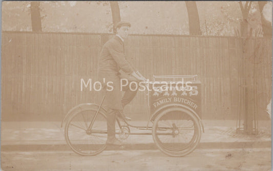 Occupations Postcard - Pitts Family Butchers - Delivery Boy on Pedal Cycle A2839