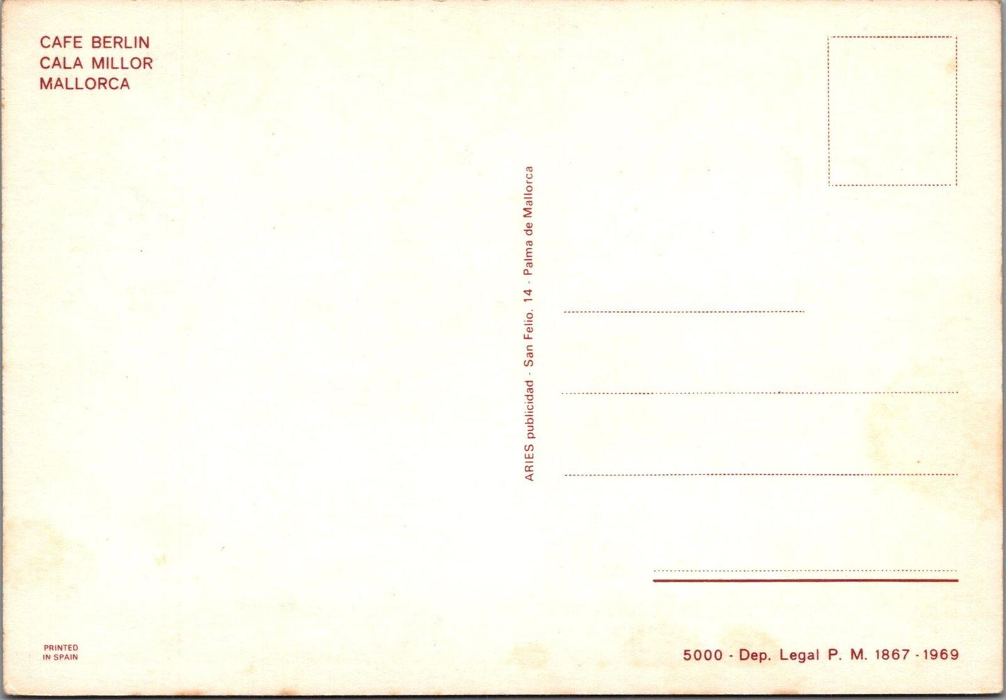 Spain Postcard: Cafe Berlin Cala Millor Mallorca Balearic Islands 1969  XT2742