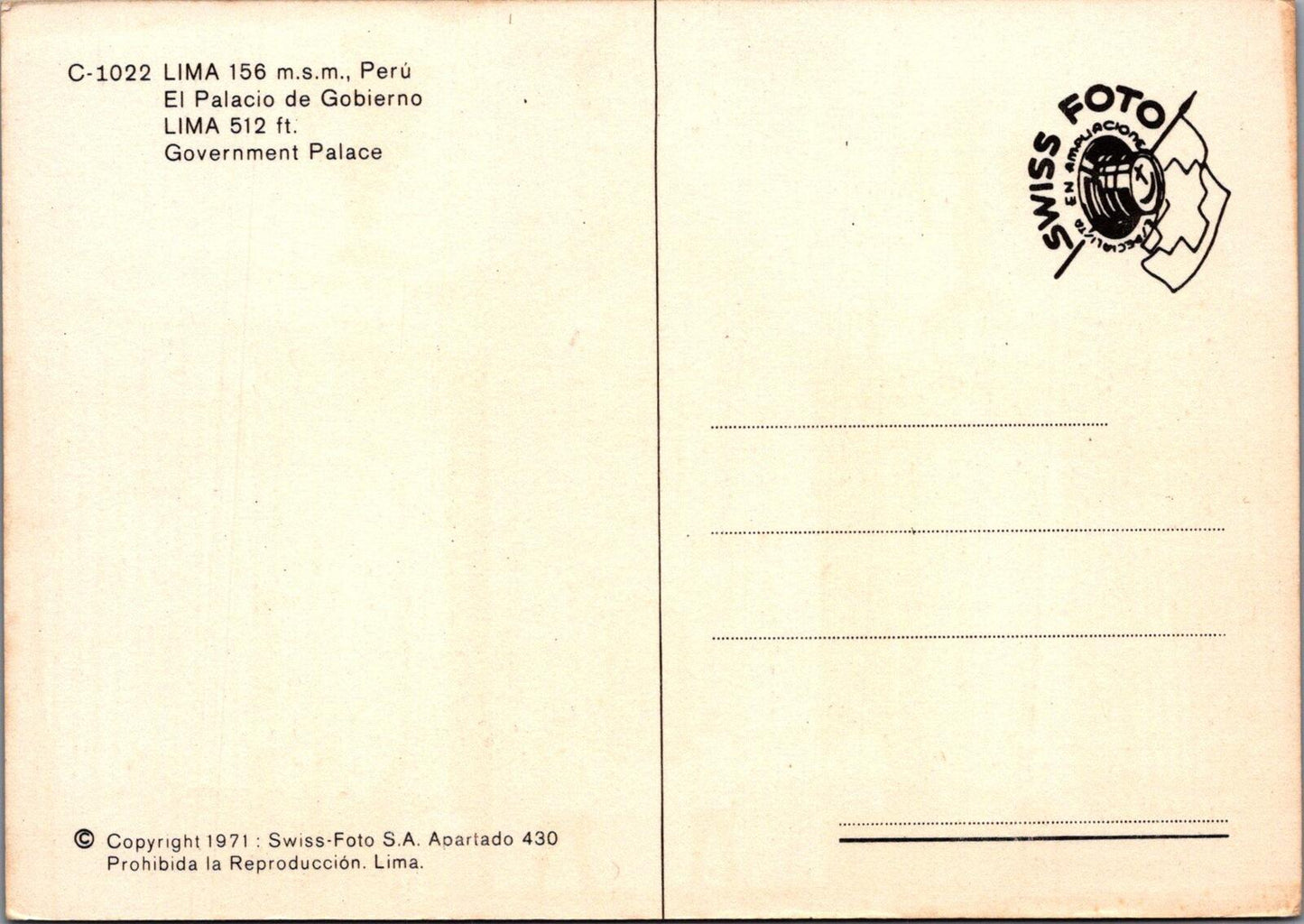 Peru Postcard: Lima El Palacio De Gobierno Government Palace 1971 Chrome XT2777
