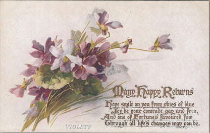 Greetings Postcard - Birthday Flowers, Violets, Many Happy Returns  XT711