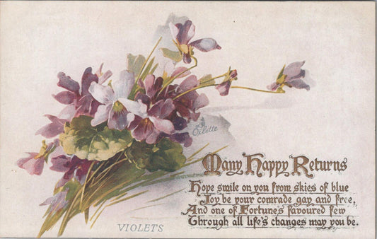 Greetings Postcard - Birthday Flowers, Violets, Many Happy Returns  XT711