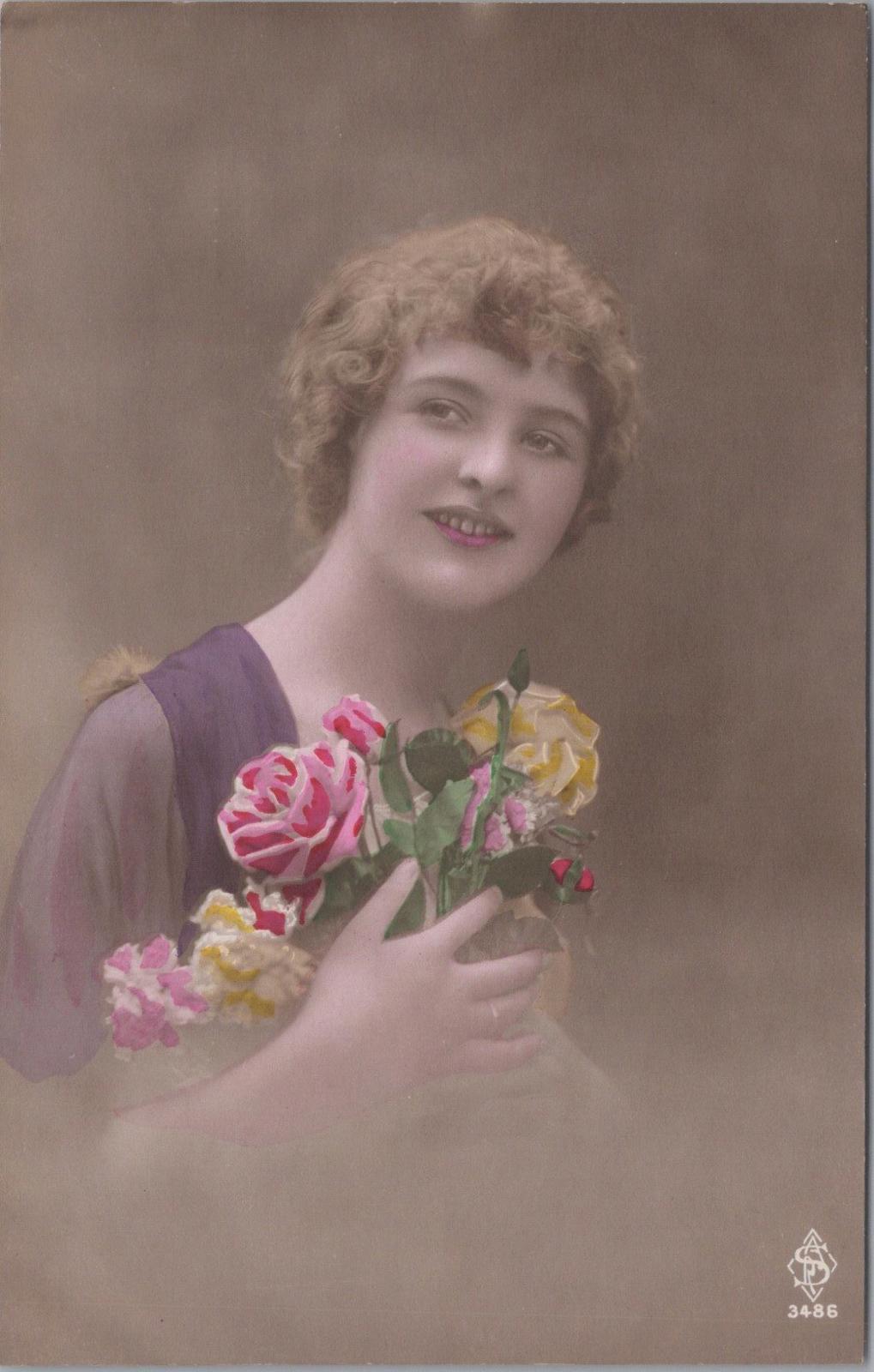 Glamour Postcard - Vintage 1910s Glamour Postcard Beautiful Woman Flowers XT759