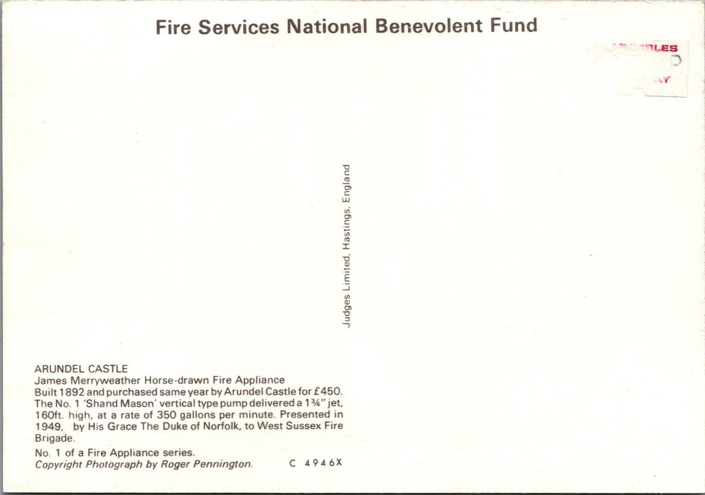 Fire Brigade Postcard - Arundel Castle James Merryweather Horse-drawn Fire Appliance XT1186