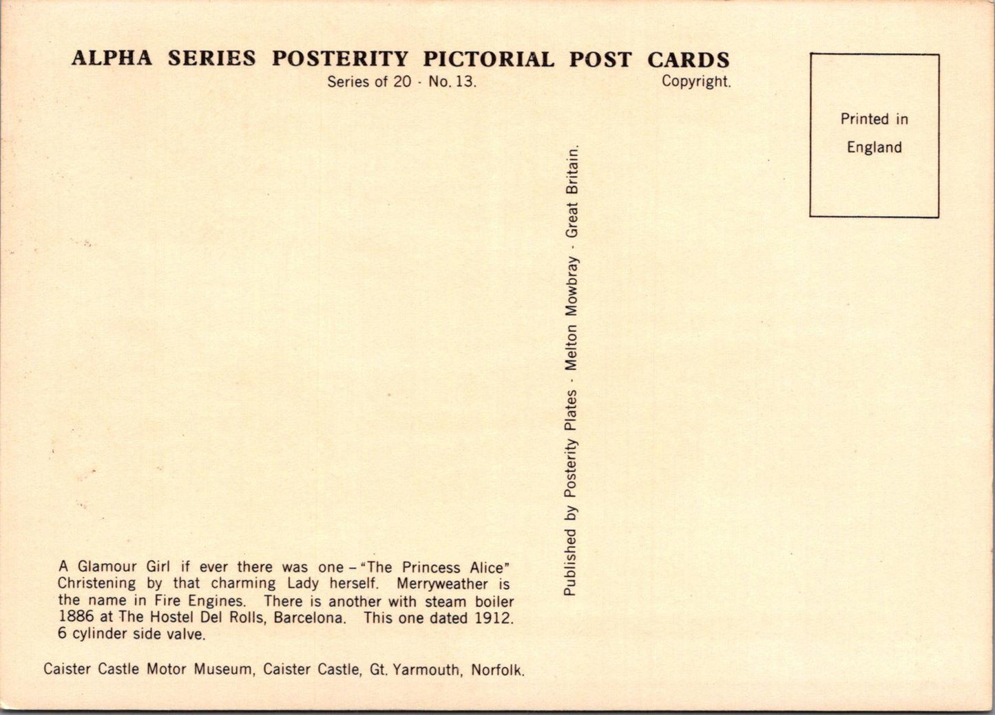 Fire Engine Postcard - The Princess Alice Merryweather Fire Engine  XT1187