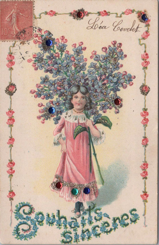 Greetings Postcard - French Embossed and Hand-Decorated, Sincere Wishes XT1306