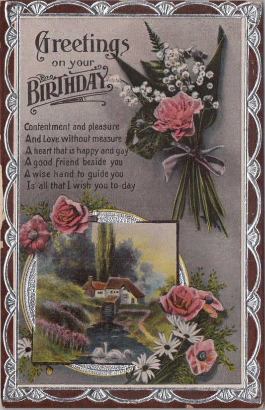 Greetings Postcard-Greetings on Your Birthday, Thatched Cottage & Flowers XT1307