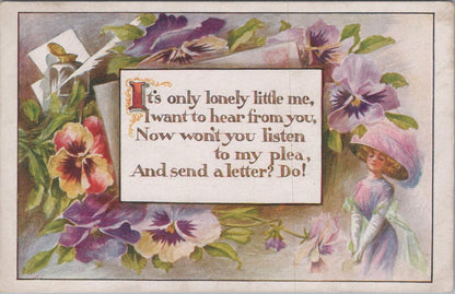 UK Postcard Romance Poem It's Only Lonely Little Me Pansy Flowers XT2423