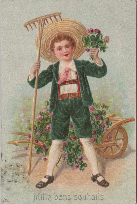 France Postcard Mille Bons Souhaits Best Wishes Boy Rake Wheelbarrow XT2425