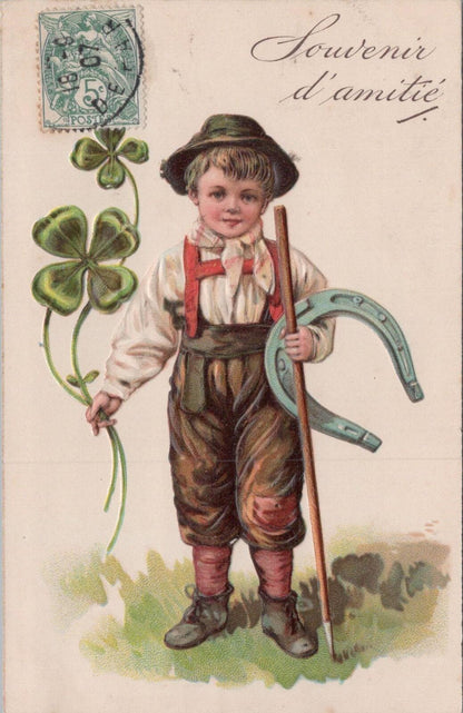 France Postcard Souvenir d'amitie Boy Horseshoe Four Leaf Clover 1907 XT2426