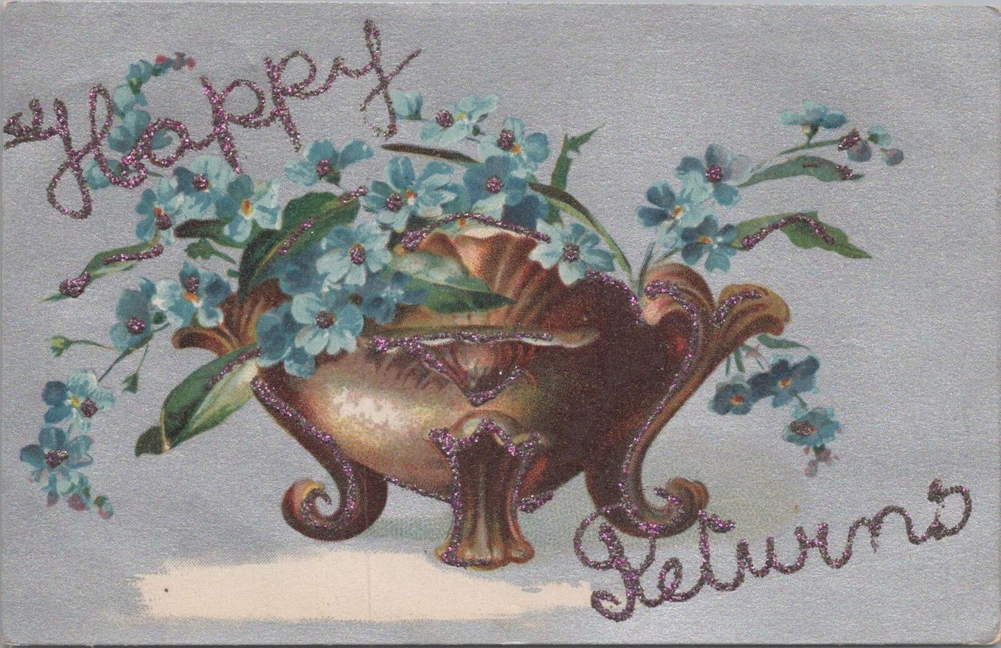 UK Postcard Happy Returns Birthday Forget-Me-Nots Glitter Flower Vase XT2429
