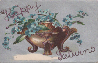 UK Postcard Happy Returns Birthday Forget-Me-Nots Glitter Flower Vase XT2429