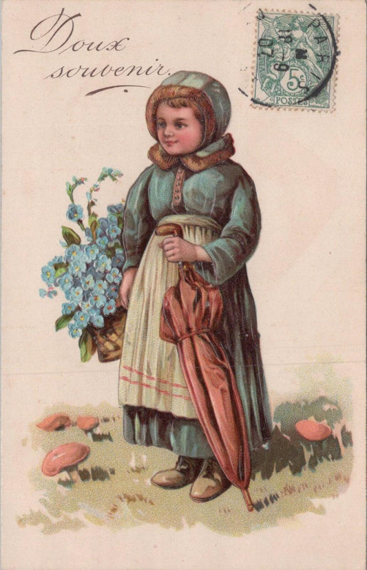 France Postcard Doux Souvenir Girl Flowers Parasol 1907 Paris Sent XT2430