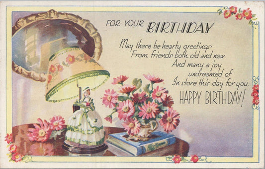 UK Postcard For Your Birthday Poem Figurine Table Lamp Pink Flowers XT2432