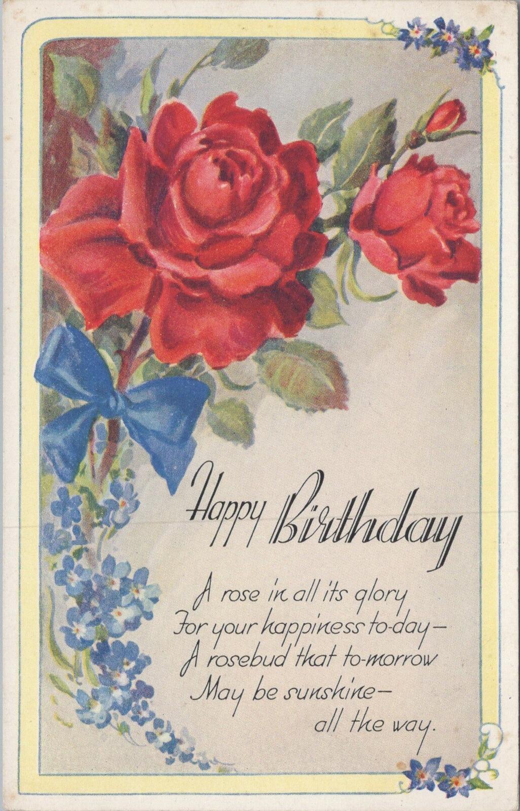 UK Postcard Happy Birthday Poem Red Roses Blue Forget-Me-Nots Bow XT2433
