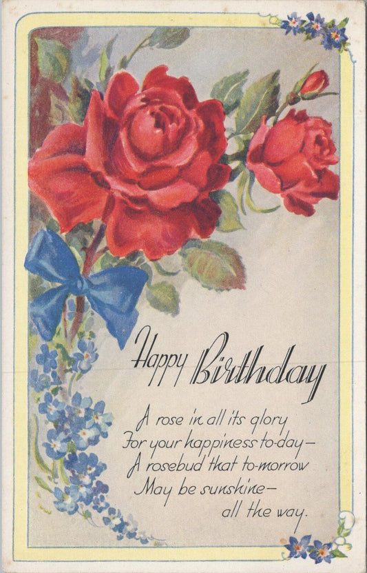 UK Postcard Happy Birthday Poem Red Roses Blue Forget-Me-Nots Bow XT2433