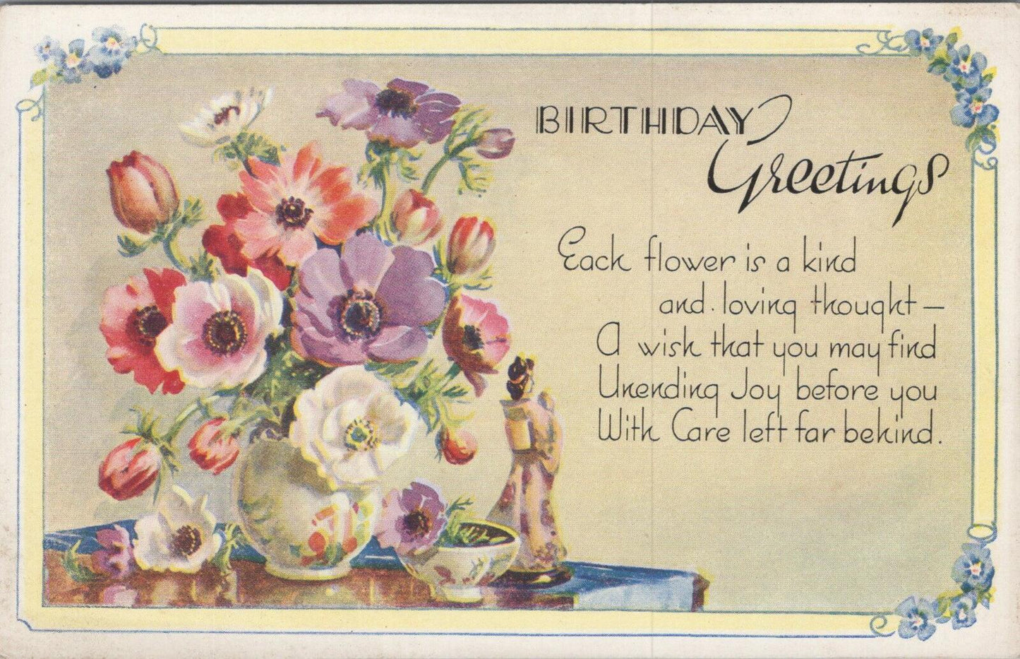 UK Postcard Birthday Greetings Poem Anemone Flowers Figurine Still Life XT2434