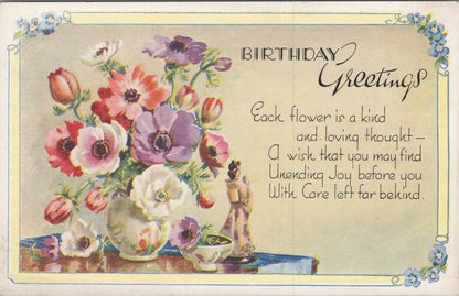 UK Postcard Birthday Greetings Poem Anemone Flowers Figurine Still Life XT2434